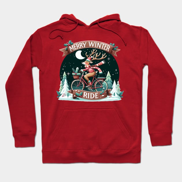 Merry Winter Ride - Christmas reindeer on a bicycle Hoodie by PrintSoulDesigns